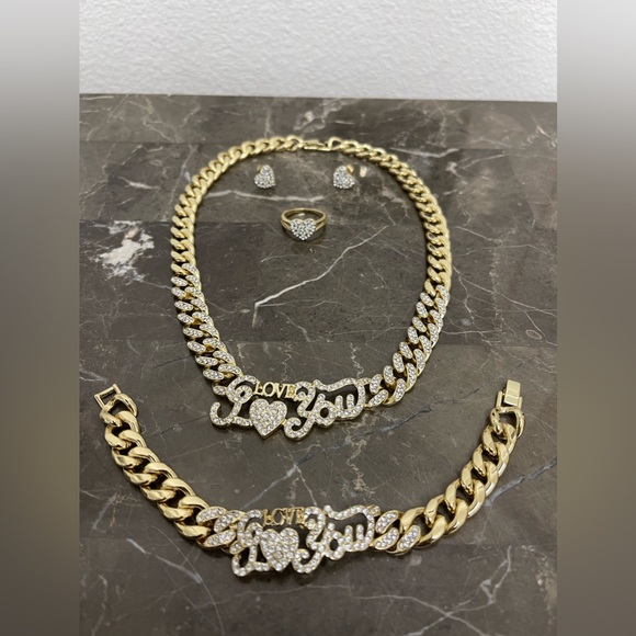 New! 18K Gold Plated, I Love You Cuban Link 4 Piece Jewelry Set - Picture 3 of 10